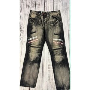 Jewel House Denim Company Mens Acid Wash Moto Jeans Black Grey Size 38